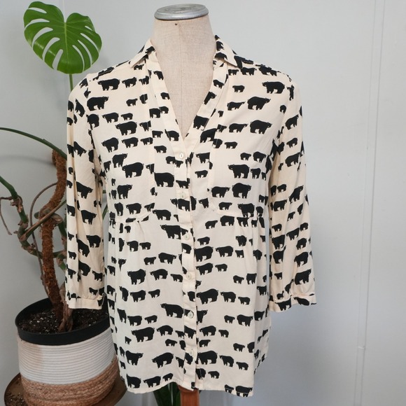 Maeve Tops - Maeve Bear Print Blouse Women 6 Cream Black Anthropologie Button Down 3/4 Sleeve